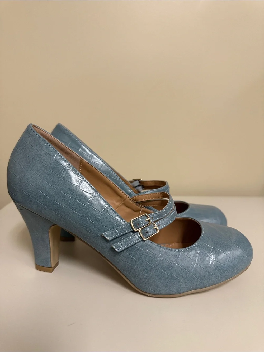 Journee Collection Blue Croc-Embossed Mary Jane Heels